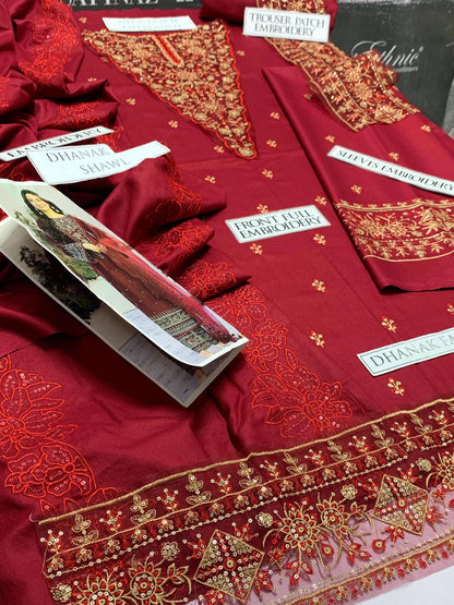 JCH-007 Qalamkar Heavy Embroidery 3PC Dhanak Suit