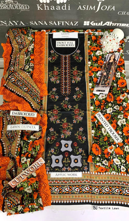 JCH-026 Bin Saeed Heavy Embroidery Aplic 3PC Lawn Suit