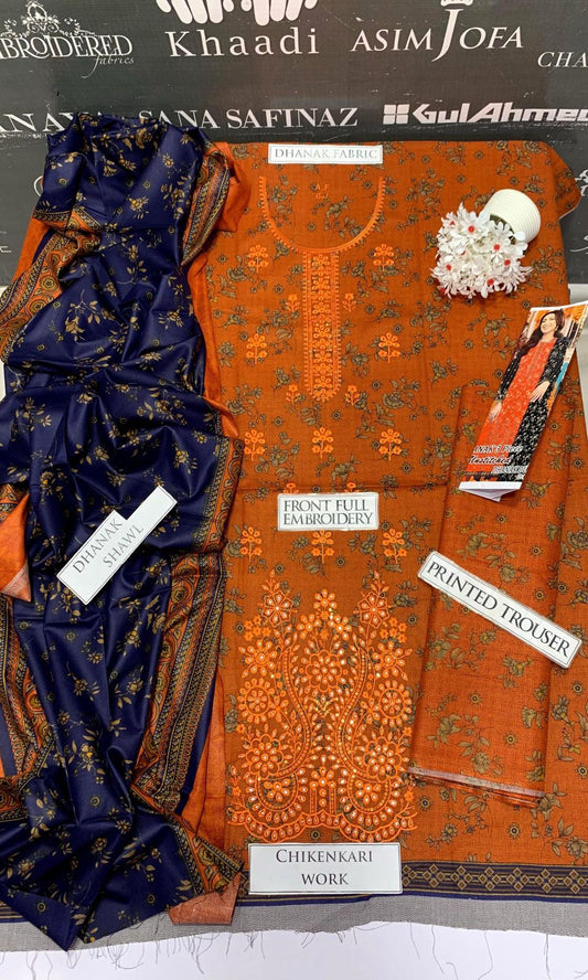 BJ Textile Heavy Embroidery 3PC Dhanak Suit JCH-133