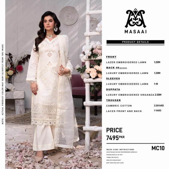 MASSAI LUXURY LAWN EMBROIDERED LAZER & CHICKEN KARI 3PC MC10