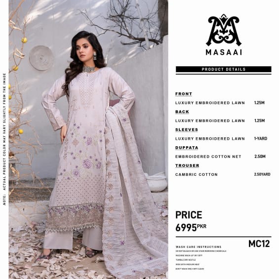 MASSAI LUXURY LAWN EMBROIDERED LAZER & CHICKEN KARI 3PC MC12