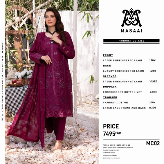 MASSAI LUXURY LAWN EMBROIDERED LAZER & CHICKEN KARI 3PC MC02