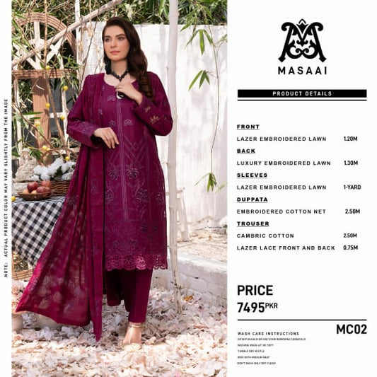 MASSAI LUXURY LAWN EMBROIDERED LAZER & CHICKEN KARI 3PC MC02