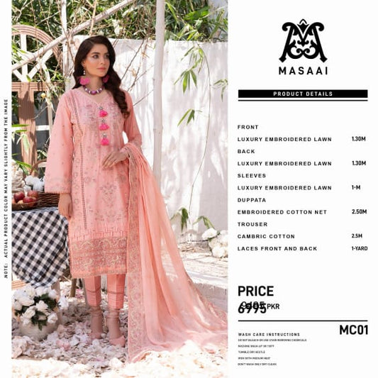 MASSAI LUXURY LAWN EMBROIDERED LAZER & CHICKEN KARI 3PC MC01