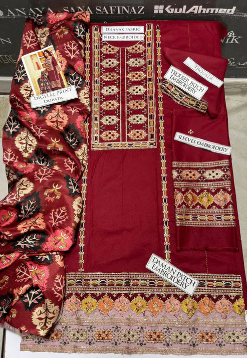 Aneelas Heavy Embroidery 3PC Dhanak Suit JCH-203